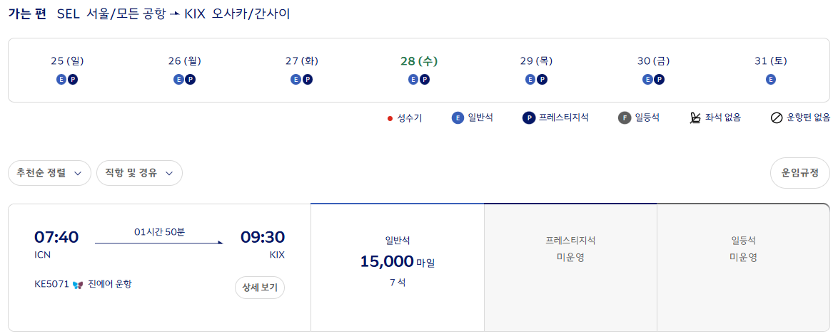 김포공항에서 오사카 간사이 공항까지 대한항공 15,000 마일리지를 사용하면 예약이 가능한 홈페이지 사진