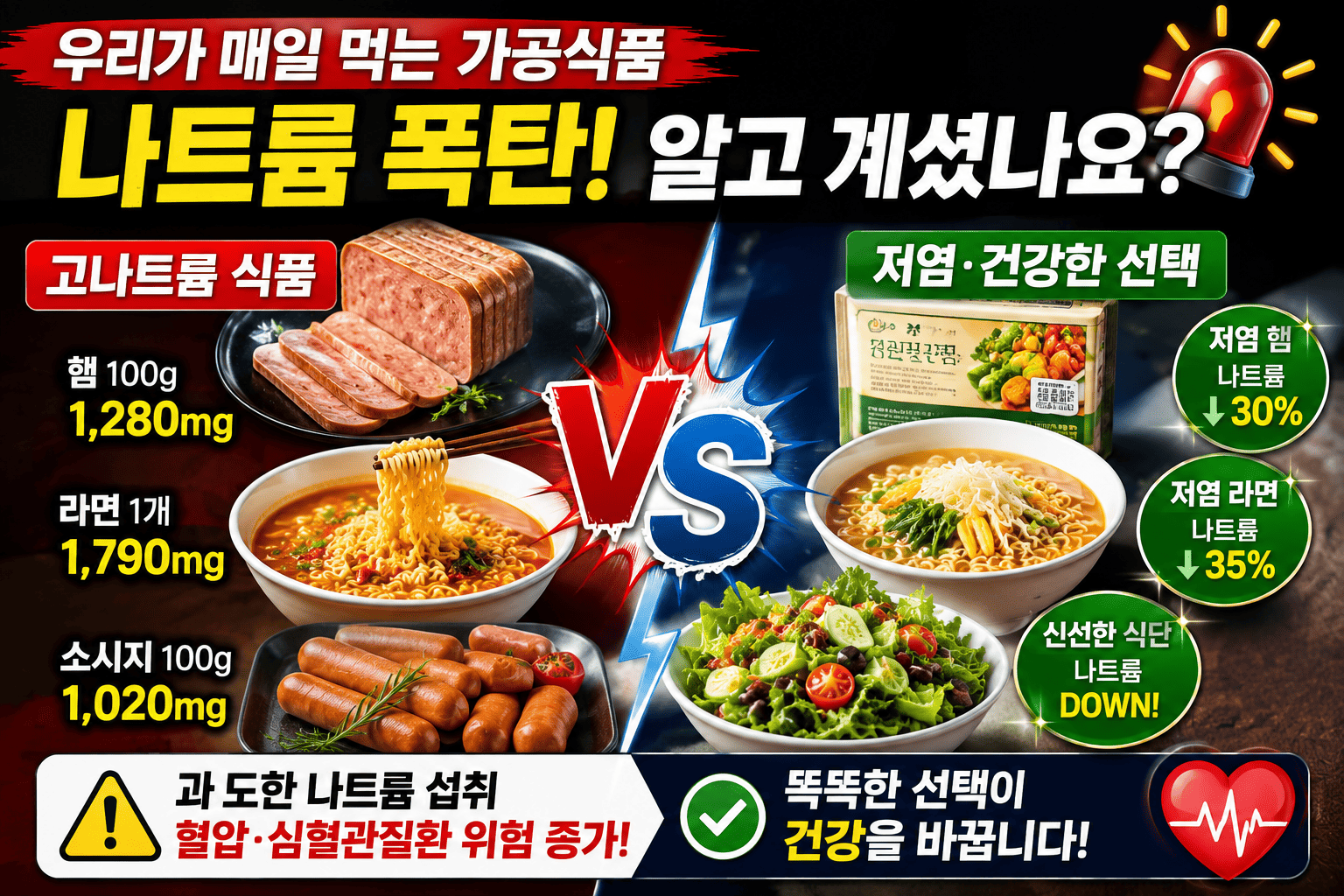 가공식품 나트륨 비교 (햄, 라면, 저염식품)