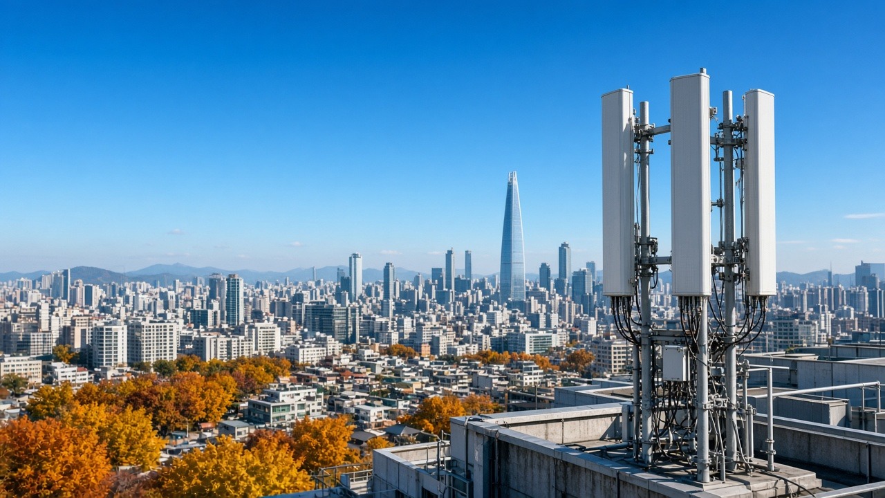 맑은 가을 하늘 아래 서울 건물 옥상에 설치된 5G 이동통신 기지국 안테나