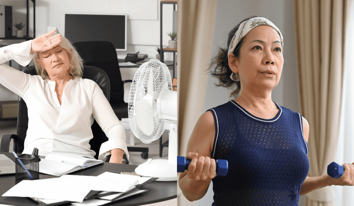 갱년기 Menopause 중 더위를 타는 중년 여성과 운동하는 중년 여성