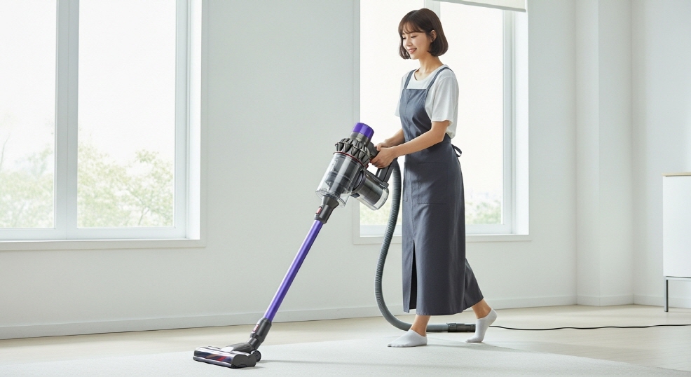 다이슨 청소기 사용 중인 모습