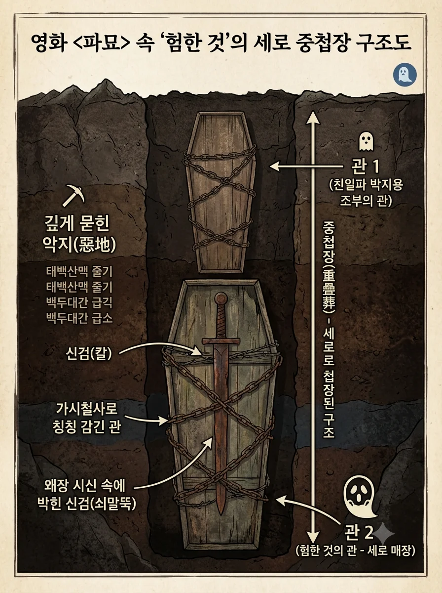 영화 파묘 세로로 묻힌 관 첩장 구조 및 백두대간 정기 차단 쇠말뚝 설화 안내