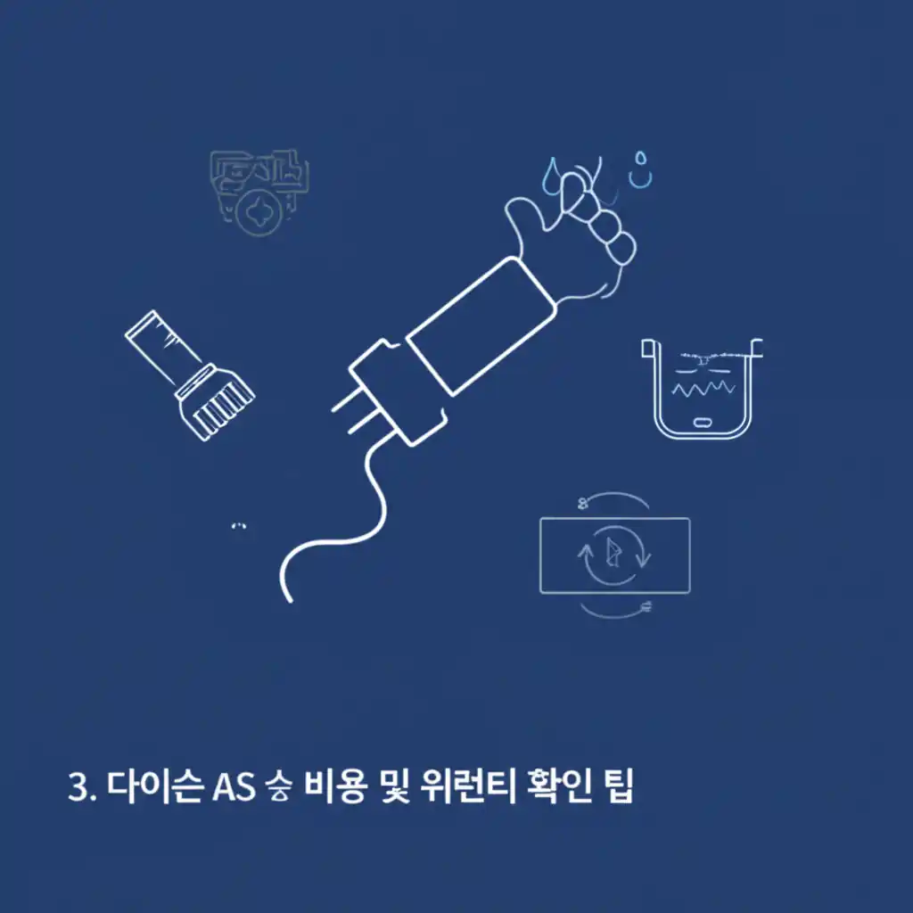 다이슨 서비스센터 이용 시 AS 비용과 워런티를 확인하는 화면으로, 정품 등록 및 보증 기간을 안내합니다.