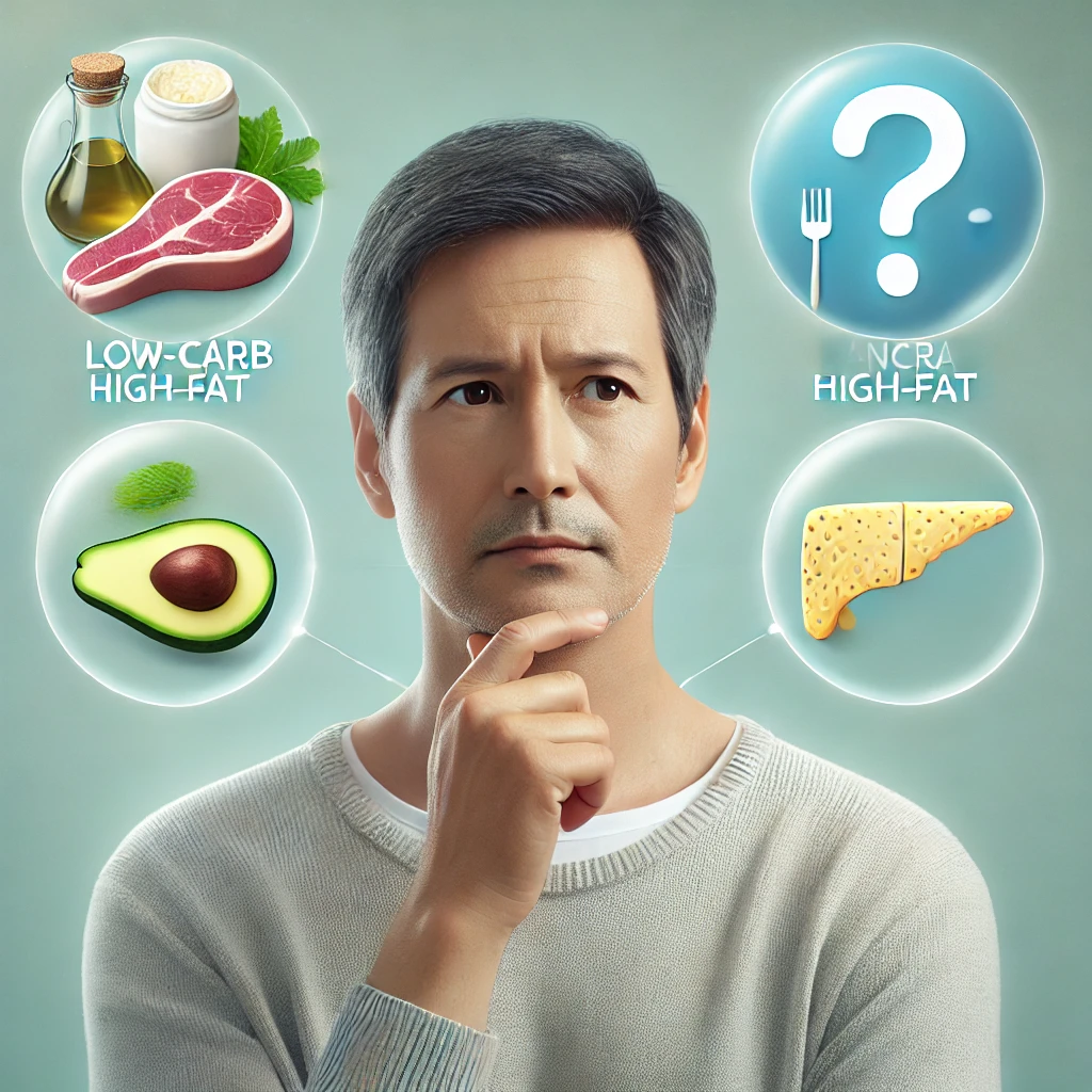 저탄고지 식이와 췌장 건강, 과연 안전할까? 라는 글을 표현한 이미지. 궁금해하는 남자