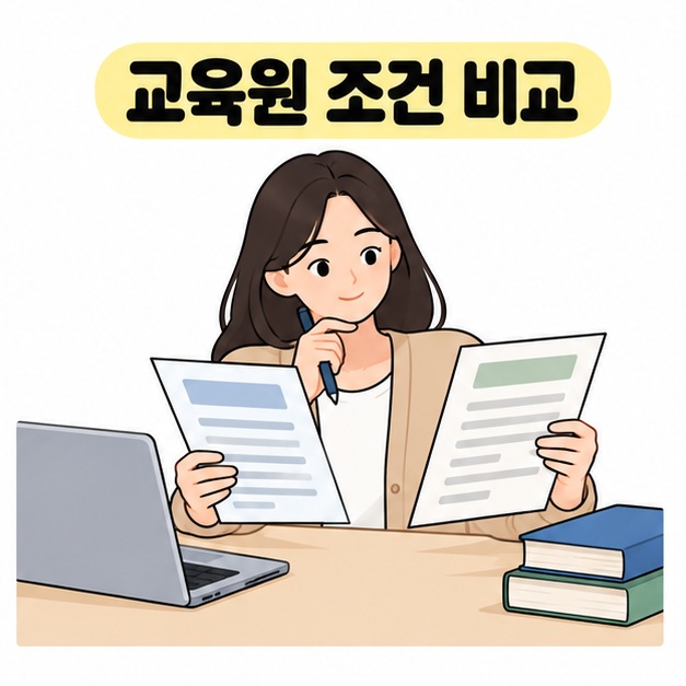 여성이 노트북 옆에서 두 장의 안내 자료를 들고 교육원 조건을 비교하는 모습