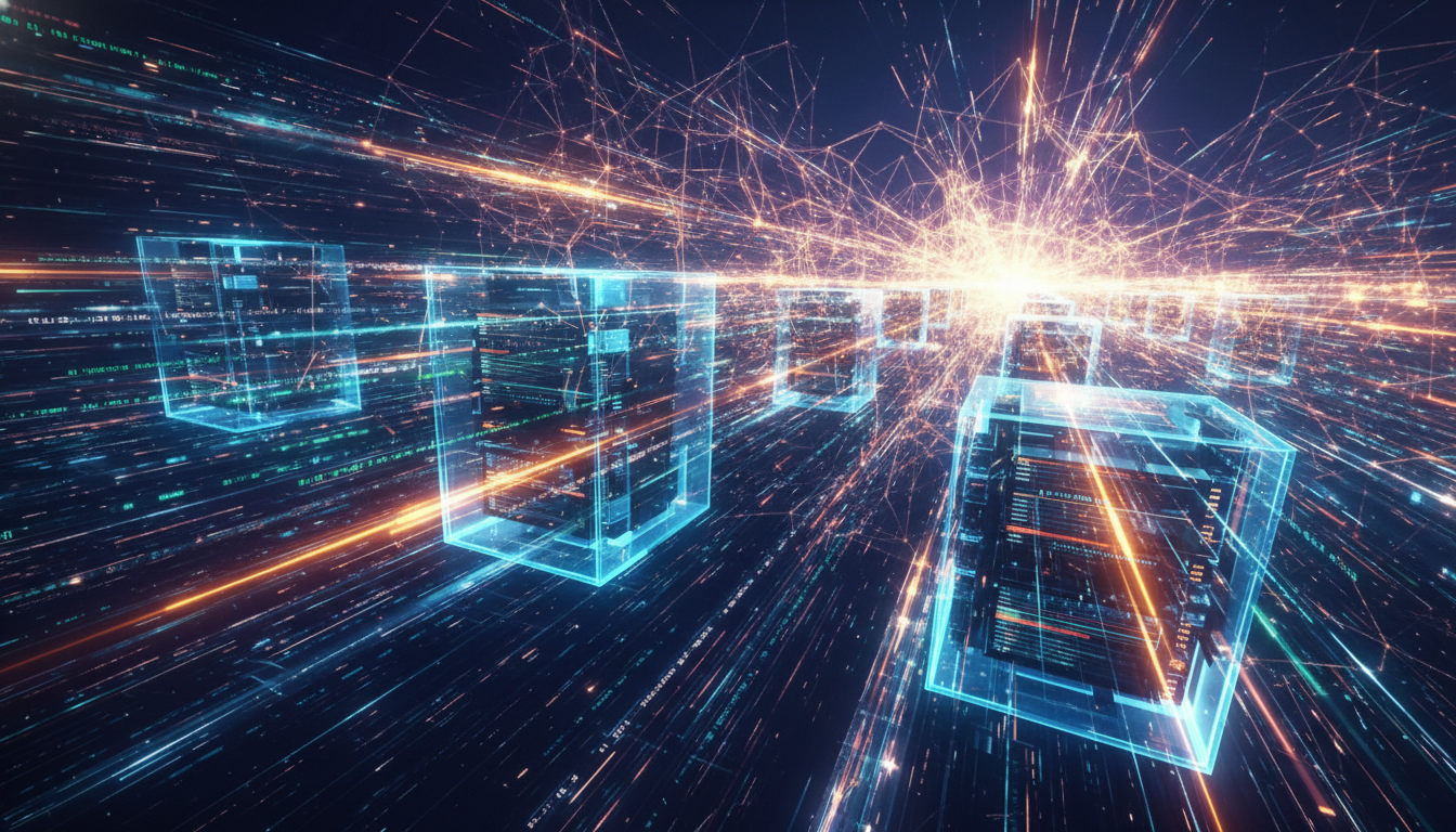 AI 데이터 센터와 광섬유가 빛으로 연결되어 초고속 데이터를 주고받는 미래지향적인 모습