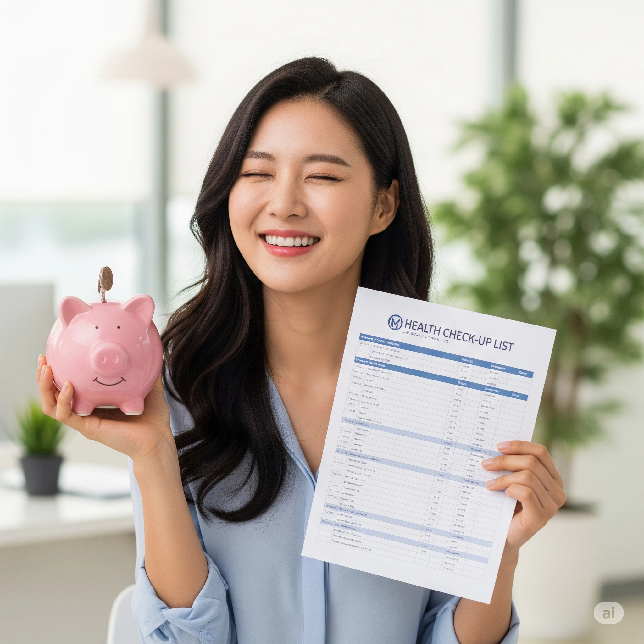 행복한 표정의 한국인 여성이 한 손에는 분홍색 돼지 저금통을, 다른 한 손에는 건강검진 체크리스트를 들고 있는 모습.