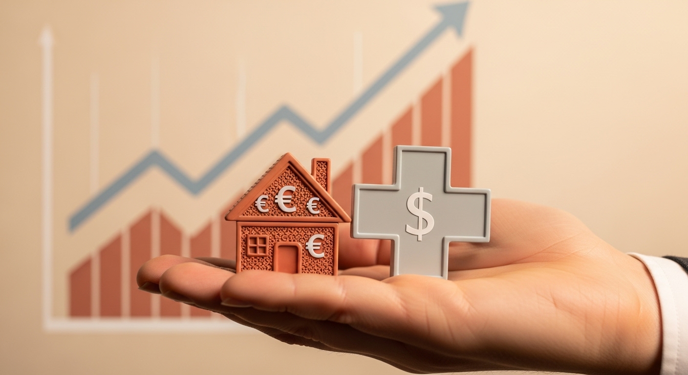 집과 의료 십자가를 따뜻하게 감싸 안은 손이 주거 및 의료 복지 혜택 확대를 상징합니다.