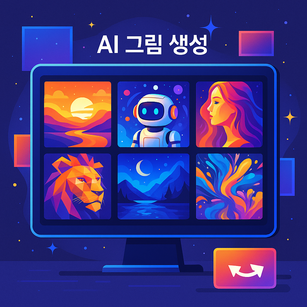 다채로운 AI 그림들이 디지털 화면에 펼쳐진 모습