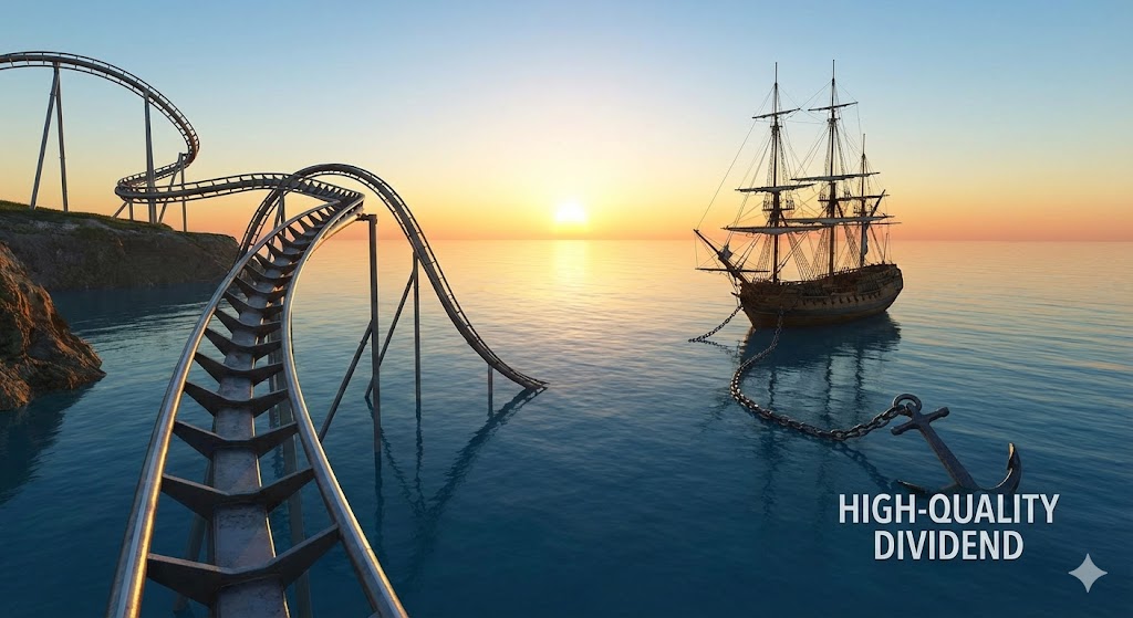 롤러코스터 끝에 평온한 바다가 보이고, '우량 배당주' 닻을 내린 배가 서 있는 희망적인 이미지