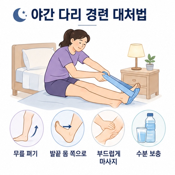 자다가 종아리에 쥐가 났을 때 무릎을 펴고 발끝을 몸 쪽으로 당겨 스트레칭하는 방법을 보여주는 이미지