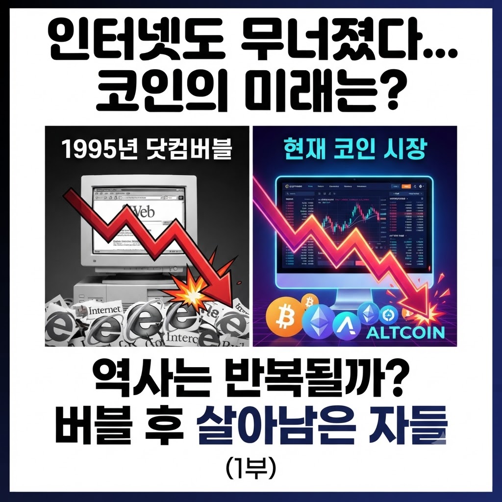 인터넷도 무너졌다... 코인의 미래는? 1995년 닷컴버블과 현재 코인 시장을 비교하는 하락장 그래프와 함께 '역사는 반복될까? 버블 후 살아남은 자들 (1부)' 문구가 포함된 암호화폐 투자 칼럼 썸네일