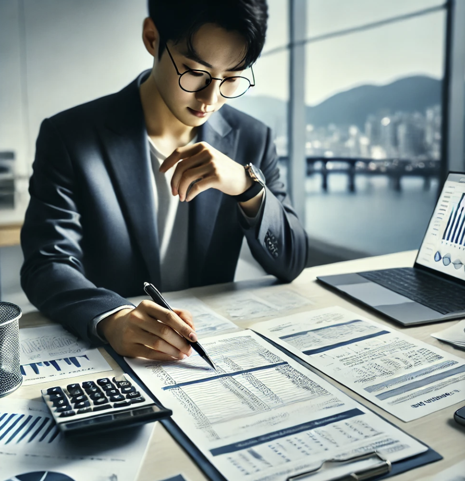 재정 문서를 보며 세금 계산 작업을 하는 직원