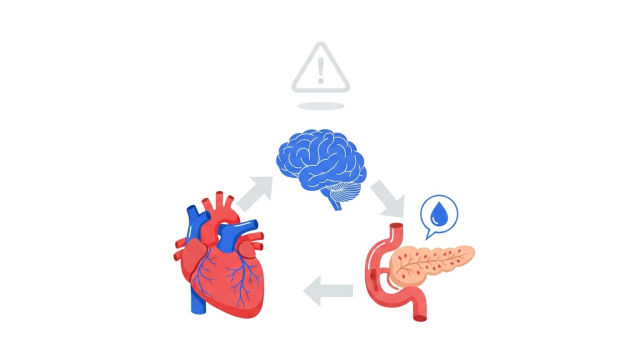 복부비만·혈압·혈당·지방·HDL 이상이 함께 있는 대사증후군 개념을 한눈에 보여주는 그림