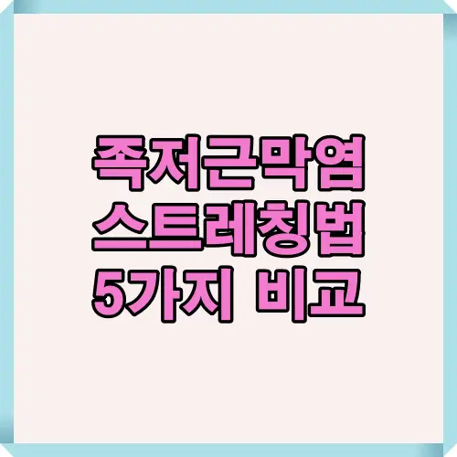 족저근막염 완화를 위한 스트레칭 방법 5가지를 비교 정리한 썸네일 이미지로, 발바닥 통증 관리와 운동법 이해를 돕기 위한 안내용입니다.