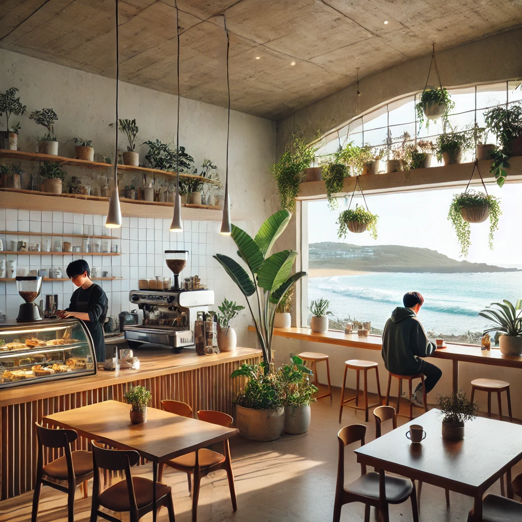 제주도 해변을 바라보는 큰 창문이 있는 아늑하고 모던한 카페. 실내에는 화분과 자연 채광이 조화를 이루며, 손님들이 나무 테이블에서 커피를 즐기고 있는 모습. 카운터에는 신선한 페이스트리와 디저트가 진열되어 있음.