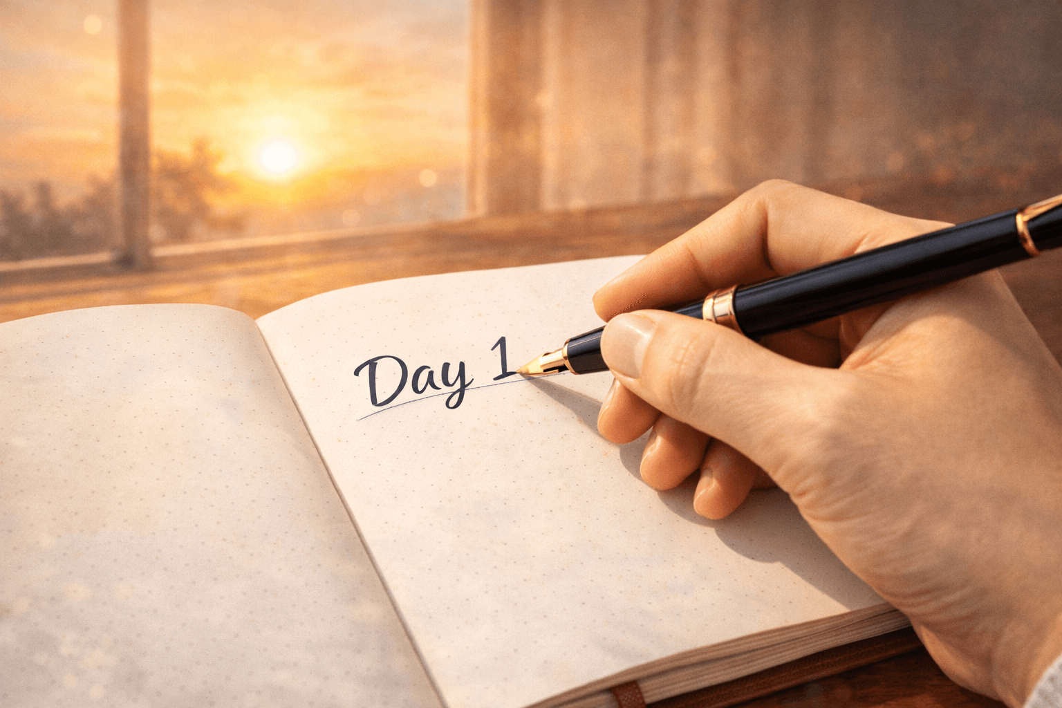 2026년 새해 첫 목표를 적는 손과 다이어리