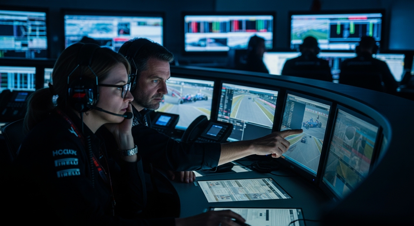 F1 레이스 컨트롤 룸에서 스튜어드들이 모니터를 통해 사고 장면을 분석하며 심각하게 판정을 논의하고 있는 긴장감 넘치는 모습