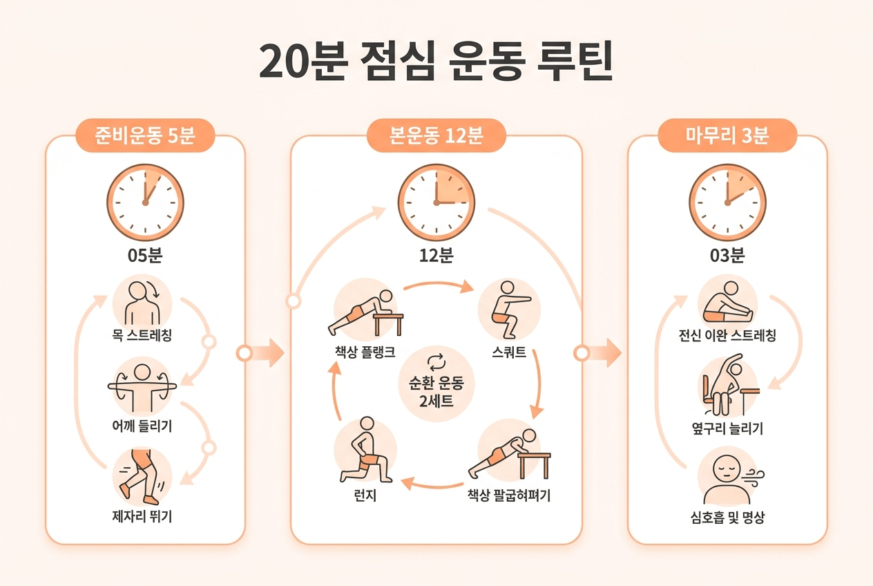 점심시간 20분 운동 루틴 구성 인포그래픽