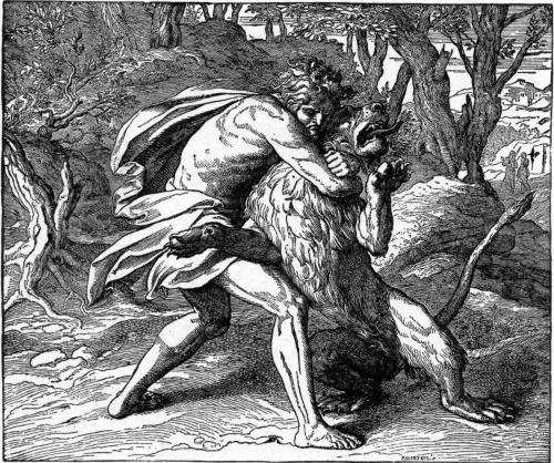 삼손이 사자를 찢어 죽이는 모습