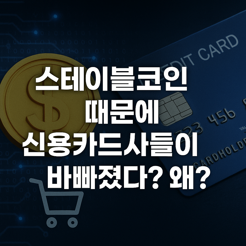 스테이블코인과 신용카드 이미지를 배경으로 한 중심 정렬의 굵은 한글 텍스트