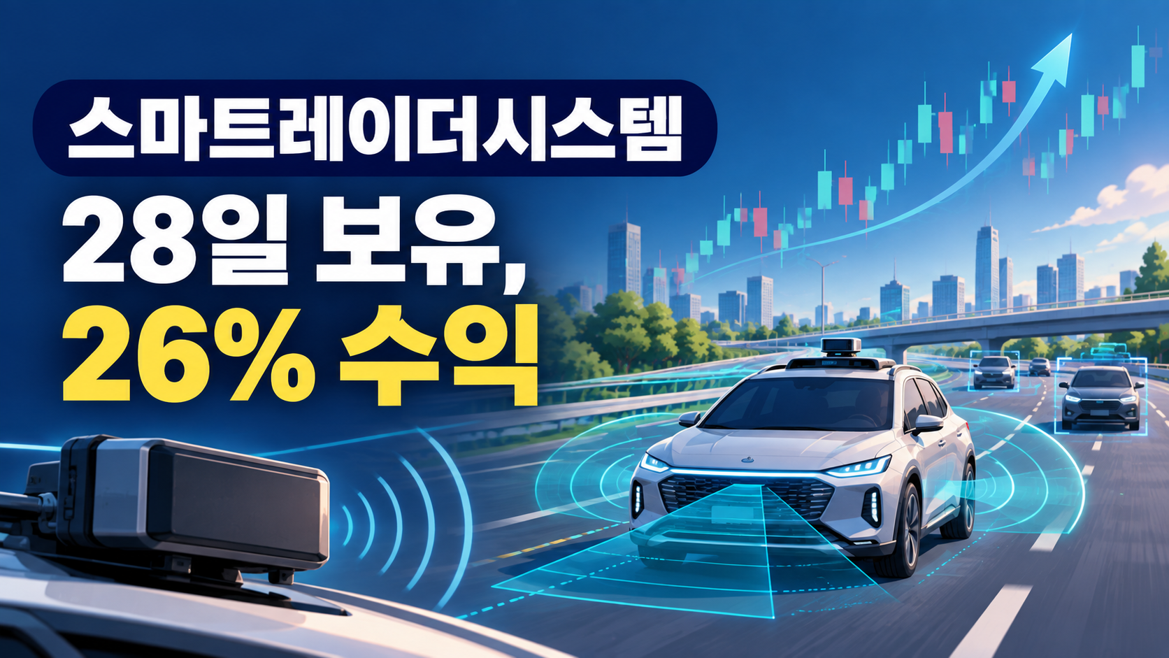 스마트레이더시스템 투자 기록을 표현한 썸네일로, 자율주행 차량과 레이더 센서, 주가 상승 차트가 함께 보이며 &lsquo;28일 보유, 26% 수익&rsquo;이라는 제목이 표시되어 있다.