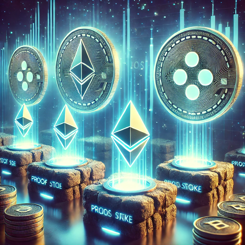 PoS 기반 블록체인 프로젝트: 이더리움 2.0&amp;#44; 카르다노&amp;#44; 폴카닷의 상징과 빛나는 스테이킹 코인을 통해 혁신성과 지속 가능성을 강조.