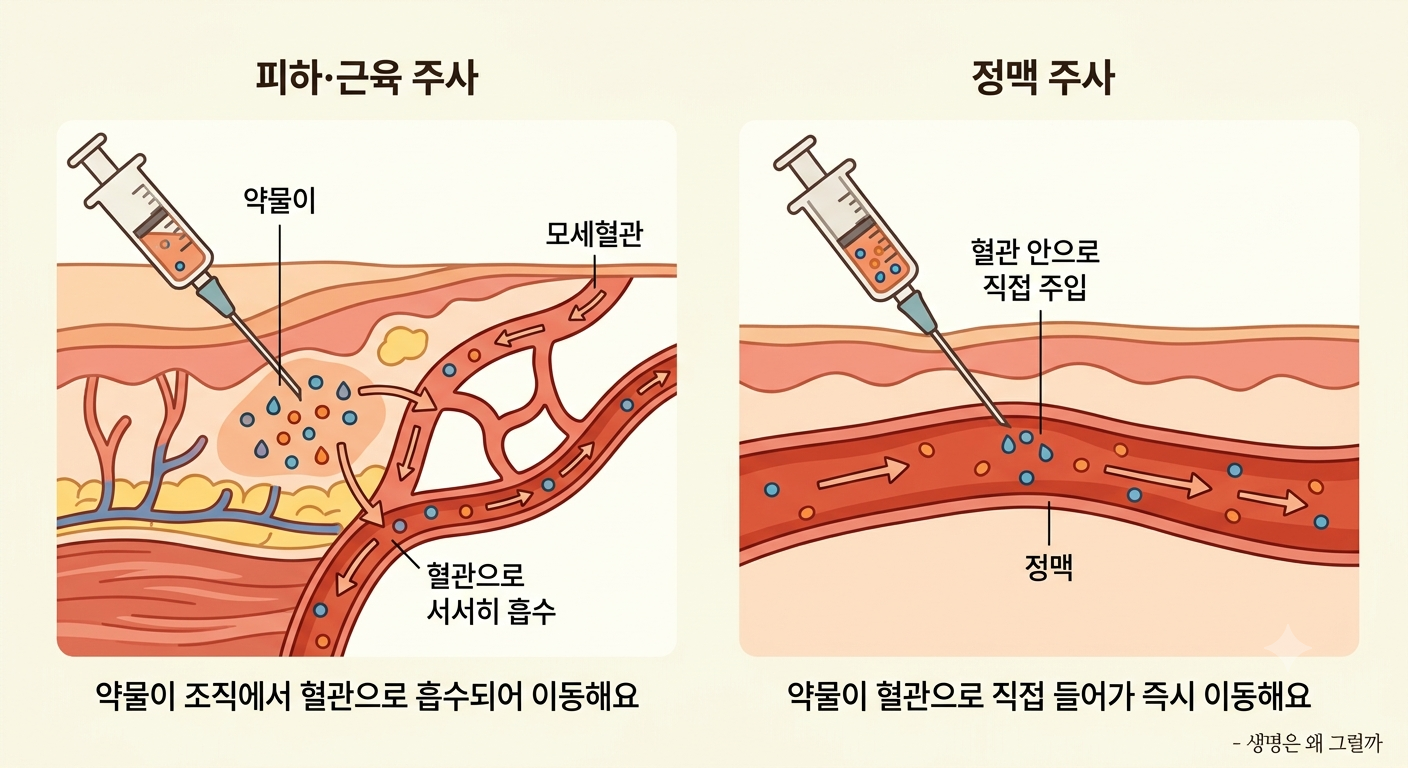 주사로 들어간 약물은 투여된 위치에서 몸속으로 이동합니다.