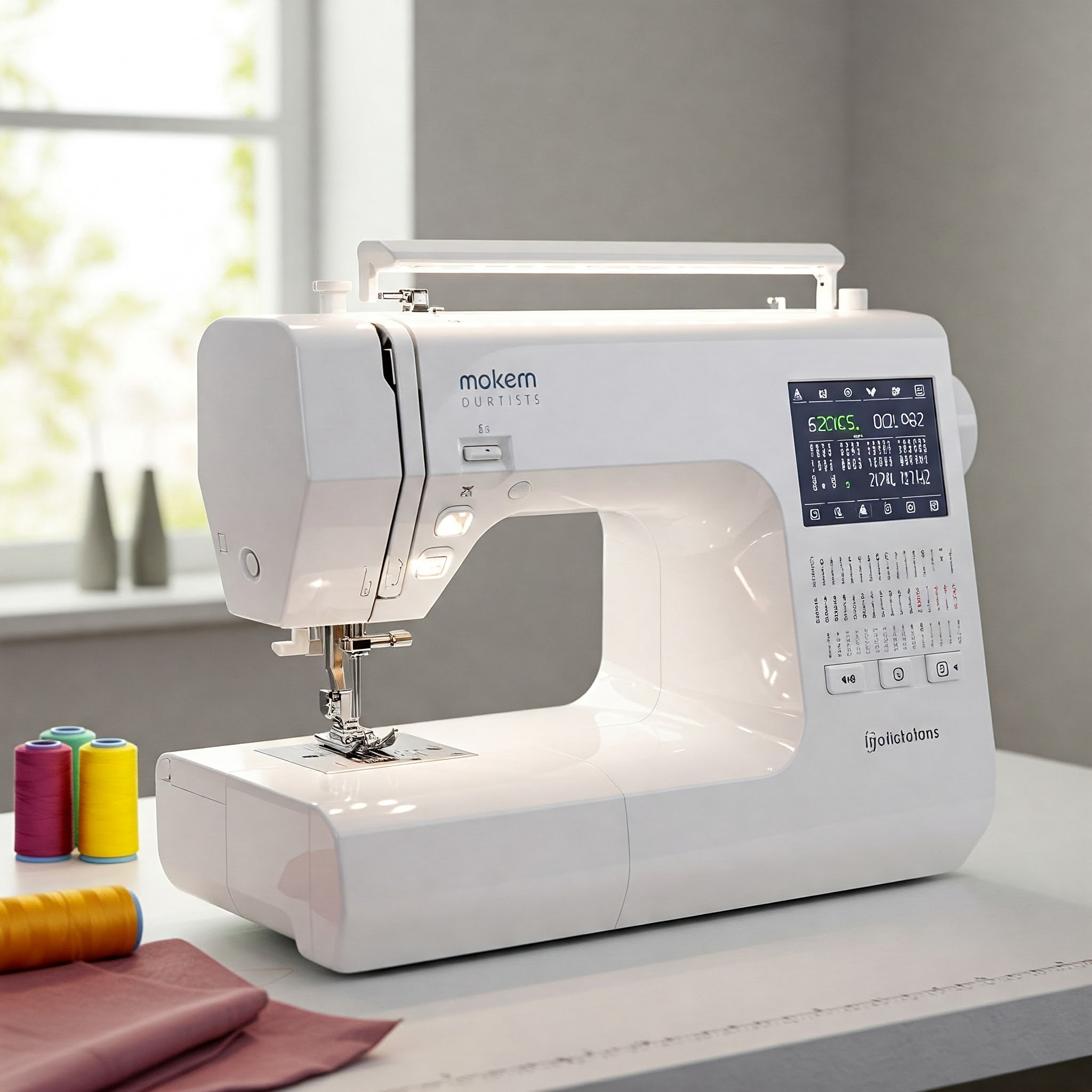 책상 위에 재봉틀과 실, 원단이 있다.