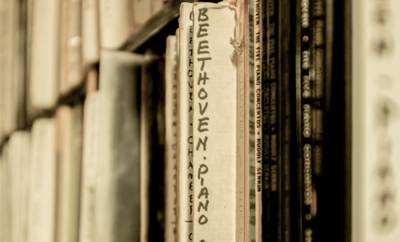 베토벤 피아노 앨범 자켓이 책장에 꼽혀져 있는 사진