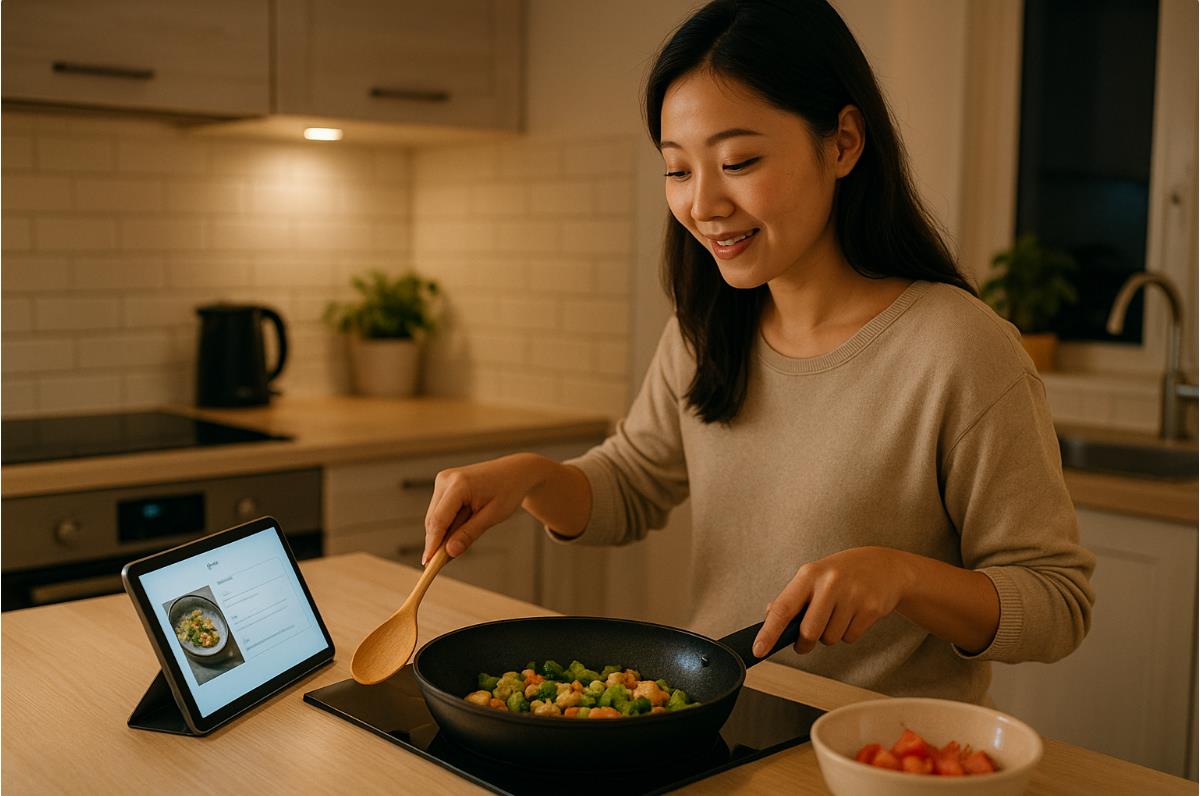 부엌에서 AI가 제안한 레시피를 보고 간단히 요리하는 모습