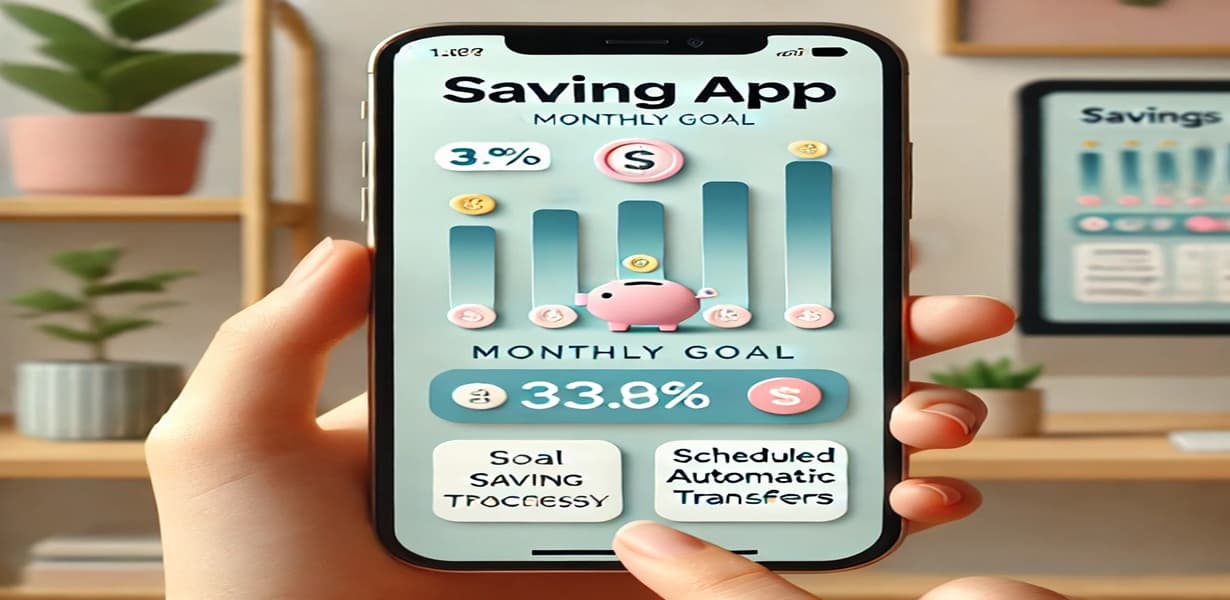스마트폰 화면에 표시된 저축 앱 인터페이스와 목표 달성 그래프