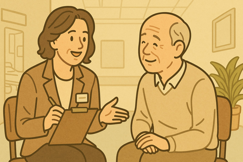 노인을 상담하며 병원 동행을 안내하는 병원동행매니저