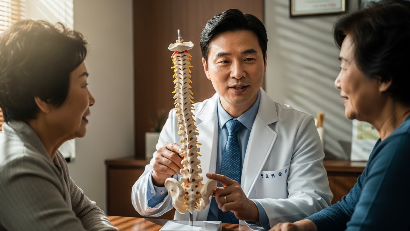 척추 모형을 활용해 환자에게 허리 상태와 치료 계획을 상세히 설명하는 의사의 모습