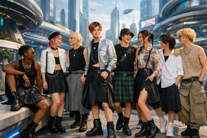 2026년 보편화될 젠더리스 패션과 다양성이 존중되는 미래 사회의 패션 풍경.