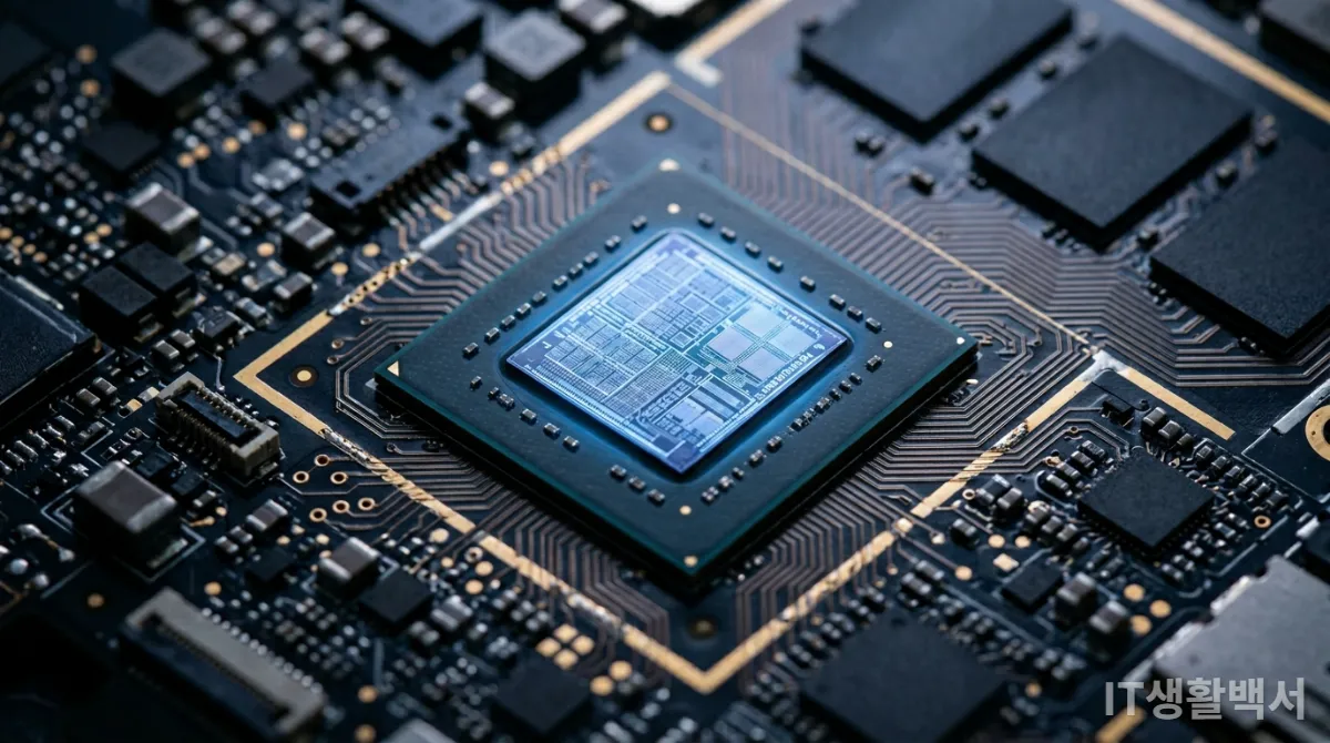 AI PC 노트북 마더보드에 통합되어 빛나는 NPU 칩의 클로즈업 이미지