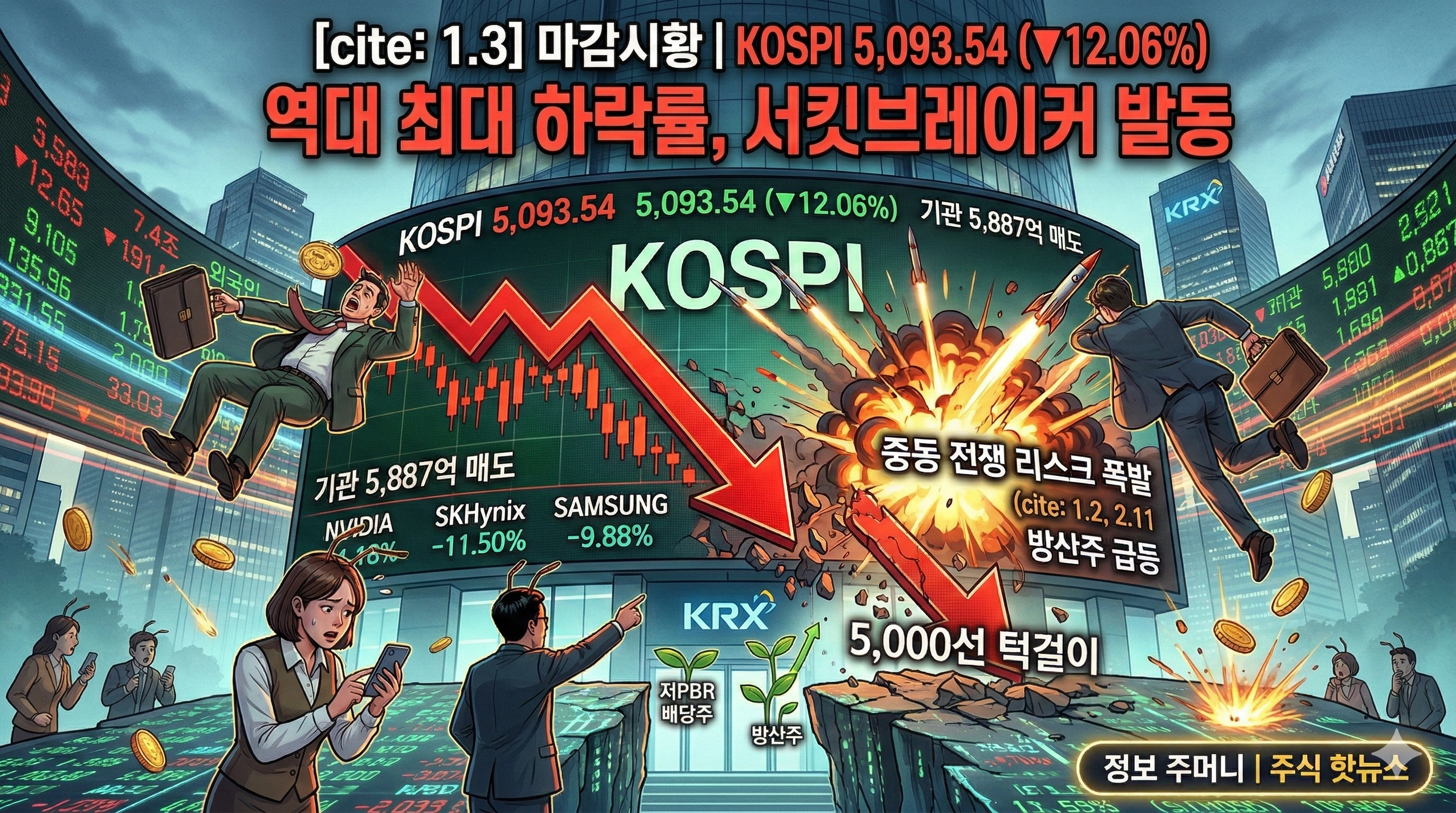코스피 -12.06% 역대 최대 폭락…5,000선 턱걸이 및 서킷브레이커 발동