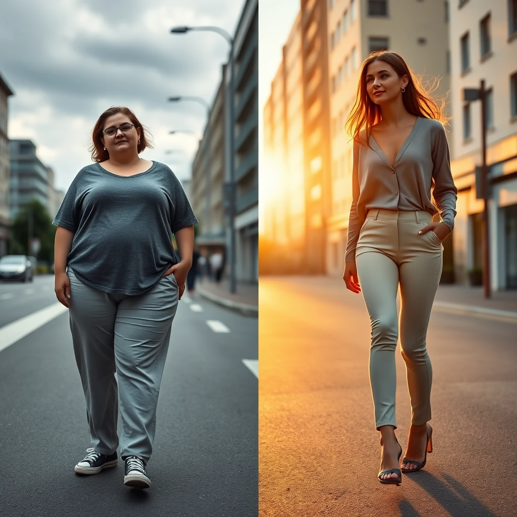 거리에 서 있는 날씬한 여성과 뚱뚱한 여성의 모습