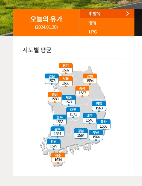 서울과 대구 등 시도별 평균 주유 가격 차이를 보여주는 화면