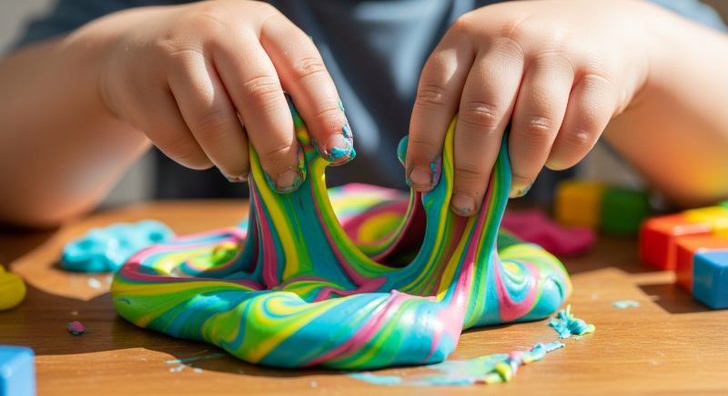 고사리 같은 손으로 알록달록한 슬라임과 점토를 만지며 촉감 놀이를 즐기는 아이의 모습