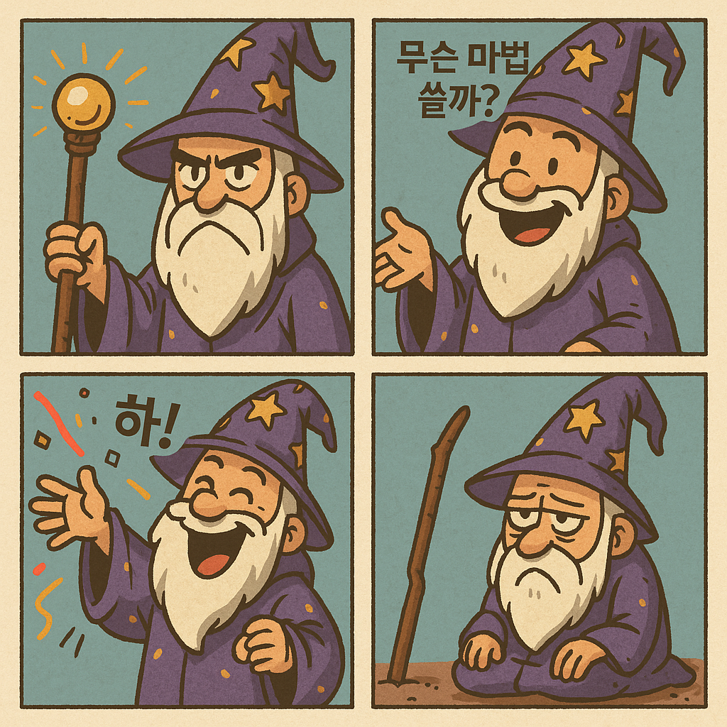 한국어: 지팡이를 든 화난 표정의 마법사, &quot;무슨 마법 썼을까?&quot;라고 묻는 미소 짓는 마법사, &quot;하!&quot;라고 외치는 웃는 마법사, 그리고 풀이 죽은 표정으로 지팡이에 기댄 마법사를 묘사한 네 컷 만화
영어: A four-panel comic depicting an angry wizard with a staff, a smiling wizard asking &quot;What magic did I use?&quot;, a laughing wizard exclaiming &quot;Ha!&quot;, and a dejected wizard leaning on his staff.
중국어 (简体): 一则四格漫画，描绘了一个拿着魔杖的愤怒巫师，一个微笑着问“我用了什么魔法？”的巫师，一个大笑着喊“哈！”的巫师，以及一个沮丧地靠着魔杖的巫师。
일본어: 杖を持った怒った表情の魔法使い、「どんな魔法を使ったんだろう？」と尋ねる笑顔の魔法使い、「ハ！」と叫ぶ笑う魔法使い、そしてしょげた表情で杖に寄りかかる魔法使いを描いた四コマ漫画
독일어: Ein vierteiliger Comic, der einen wütenden Zauberer mit einem Stab, einen lächelnden Zauberer, der fragt: „Welche Magie habe ich benutzt?“, einen lachenden Zauberer, der „Ha!“ ruft, und einen niedergeschlagenen Zauberer zeigt, der sich auf seinen Stab stützt.
프랑ais: Une bande dessinée en quatre cases représentant un magicien en colère avec un bâton, un magicien souriant demandant « Quelle magie ai-je utilisée ? », un magicien riant s'exclamant « Ha ! », et un magicien abattu s'appuyant sur son bâton.
스페인어: Un cómic de cuatro viñetas que representa a un mago enojado con un bastón, un mago sonriente preguntando &quot;¿Qué magia usé?&quot;, un mago riendo que exclama &quot;¡Ja!&quot;, y un mago abatido apoyado en su bastón.