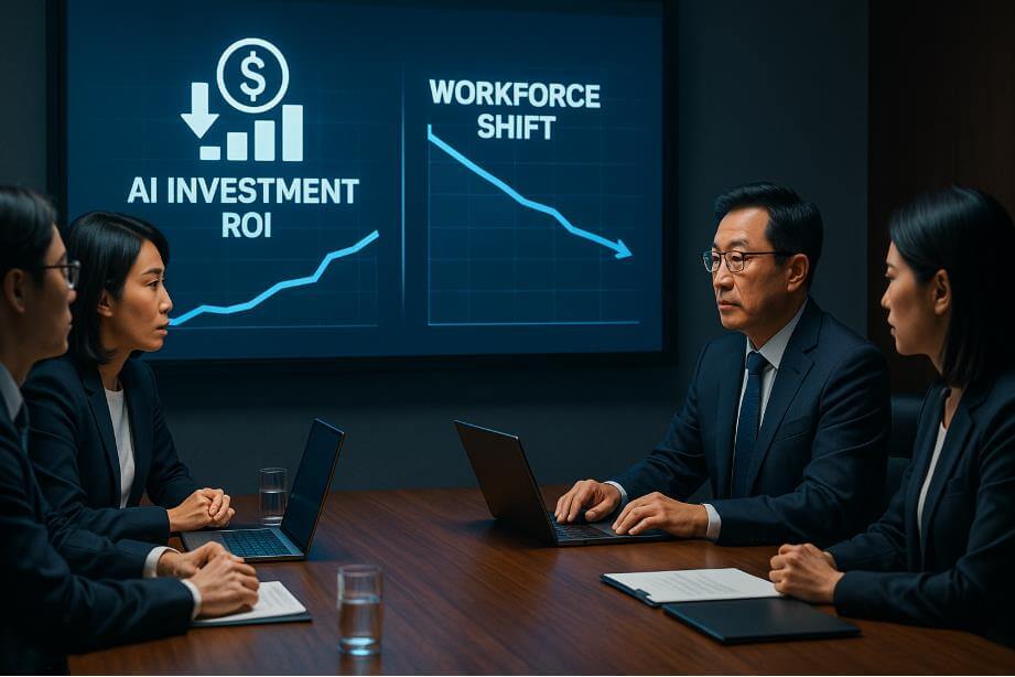 AI 투자성과&middot;인력조정 차트 검토하는 임원들