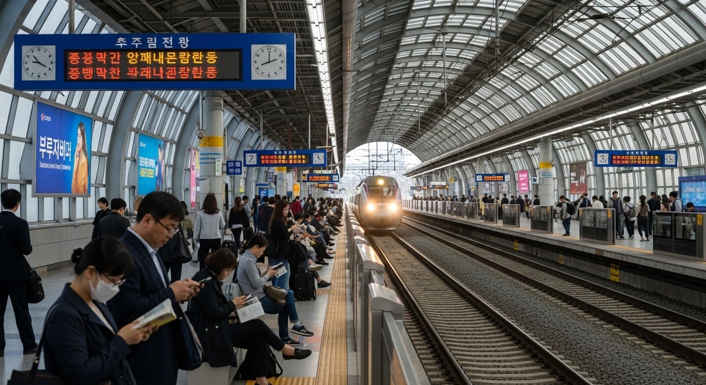 추석 귀성객으로 붐비는 기차역 대합실