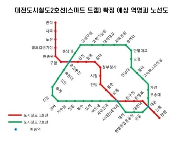 대전 수소 연료전지 트램 2028년 도입 계획 및 대전도시철도2호선(스마트 트램) 확정 예상 역명과 노선도
