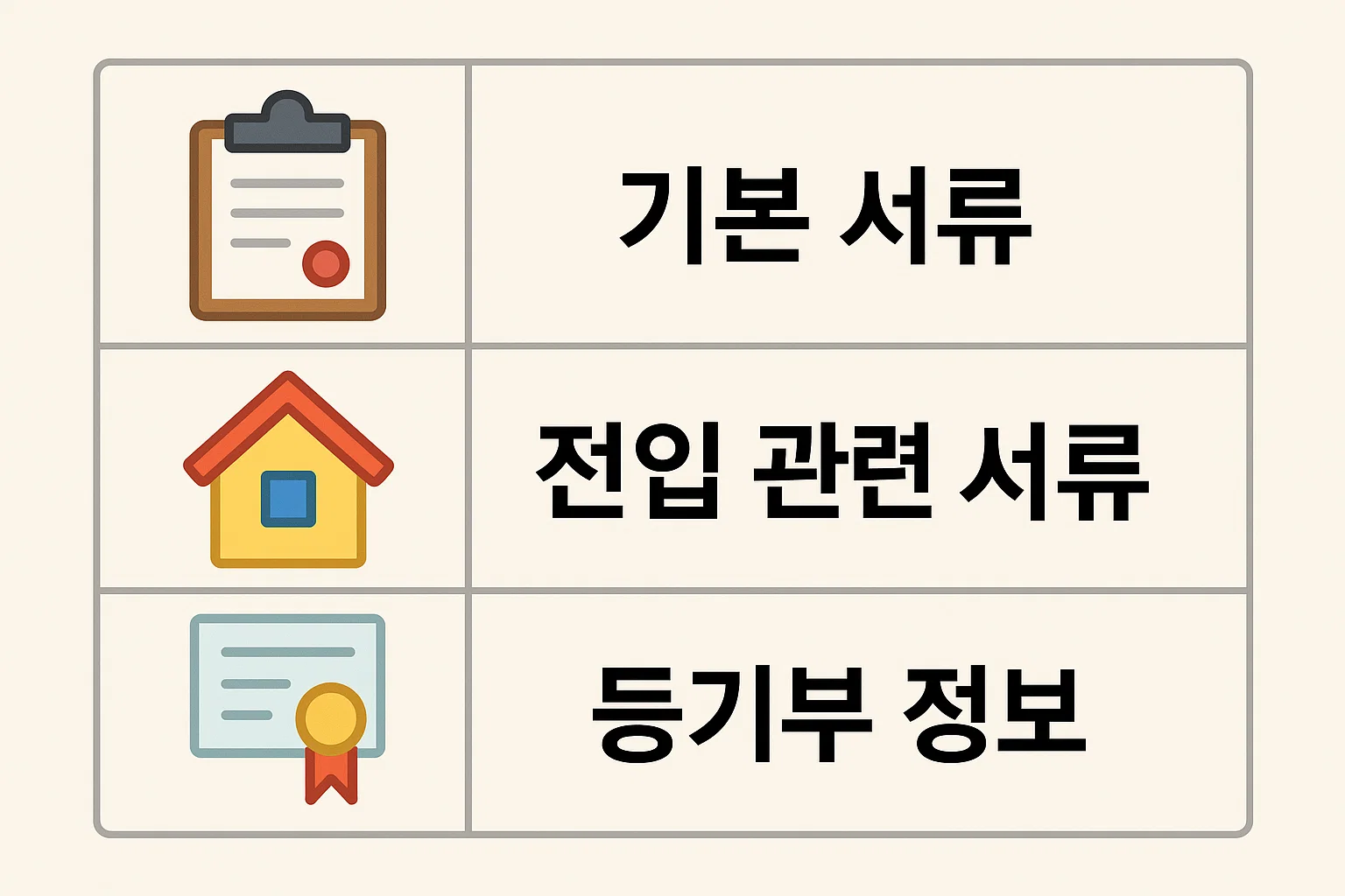 전세보증보험 가입 시 요구되는 확정일자 계약서, 전입세대열람원, 등기부등본, 계약금 및 잔금 납부 증빙 등 준비해야 할 주요 서류를 2025년 기준으로 깔끔하게 정리한 인포그래픽 이미지