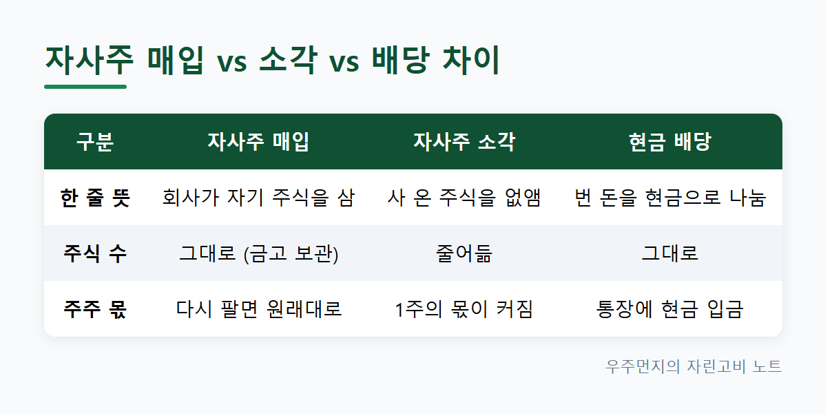 자사주 매입과 자사주 소각, 현금 배당 차이 비교표