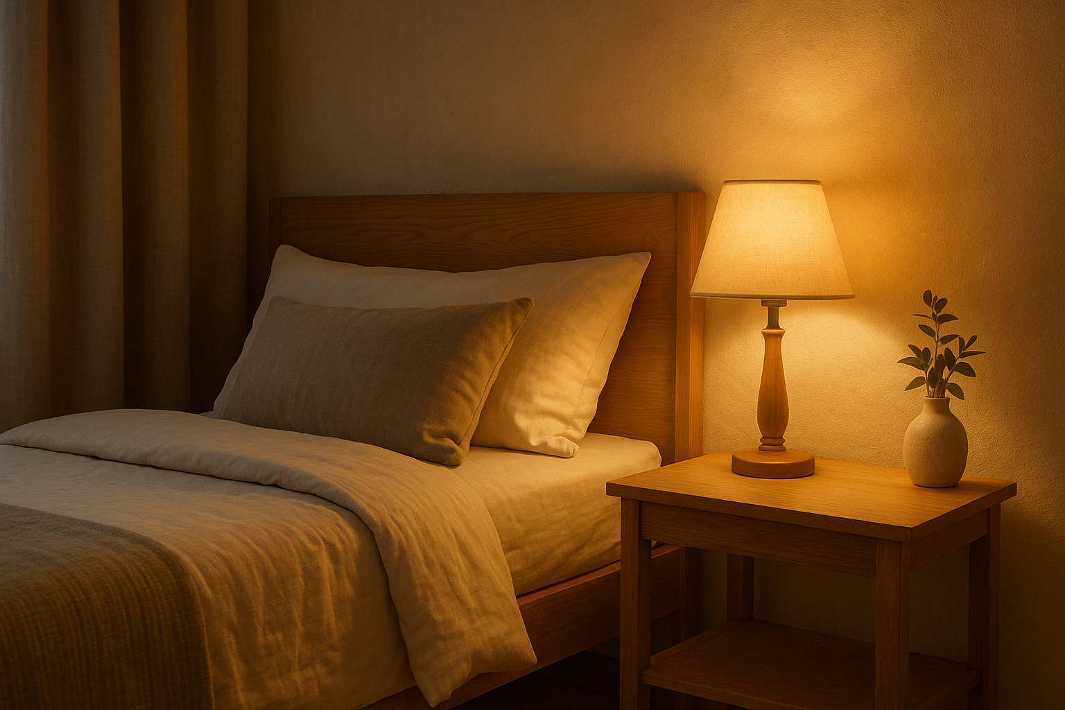 노란빛 스탠드 조명이 켜진 아늑한 침실 인테리어