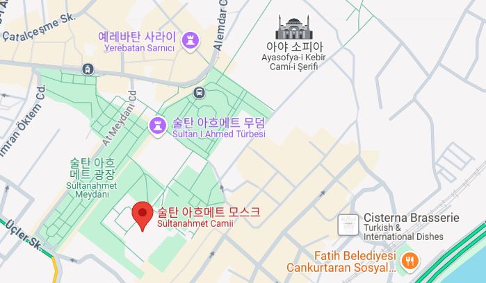아야 소피아와 블루모스크 위치를 나타낸 구글 지도, 이스탄불의 주요 명소인 아야 소피아와 블루모스크의 지도 이미지
