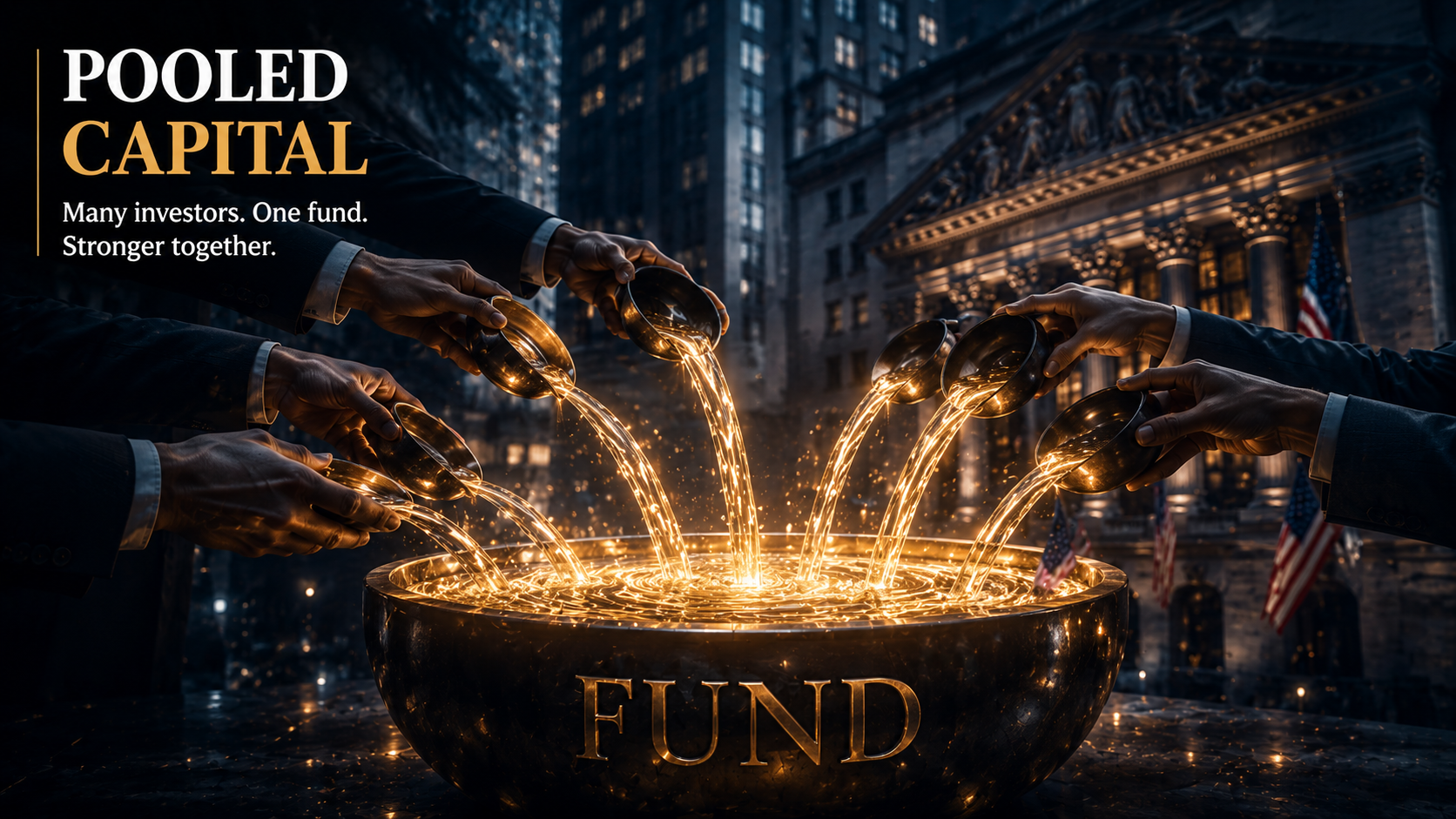 Investors contributing capital into a pooled investment fund in a cinematic financial setting.