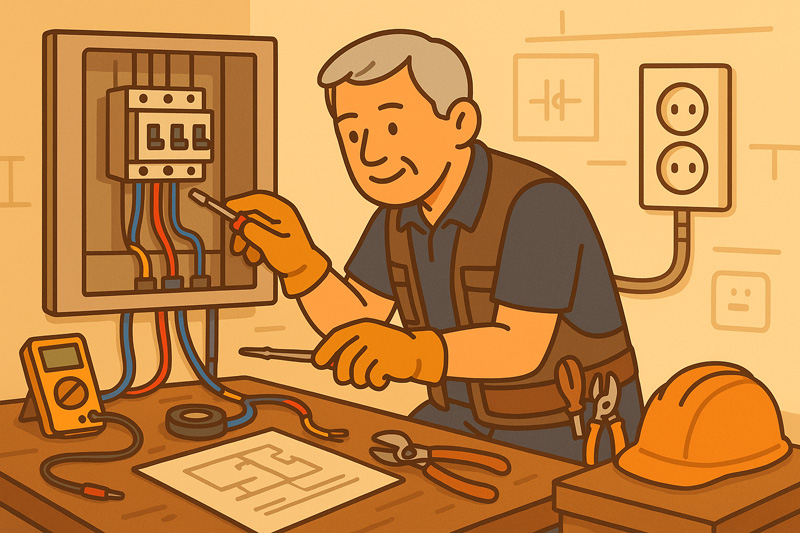 전기 배선함을 점검하고 있는 중장년 남성 전기기능사